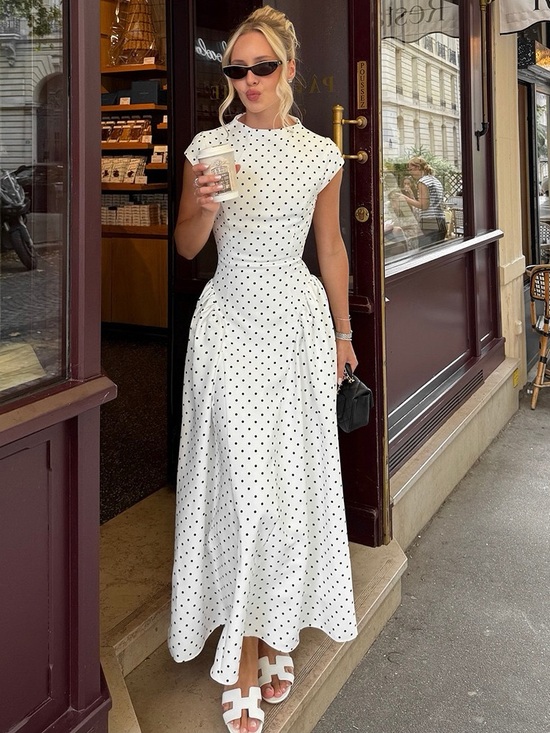 Spicy sauce Dresses & Skirts - Elegant White Polka Dot Maxi Dress